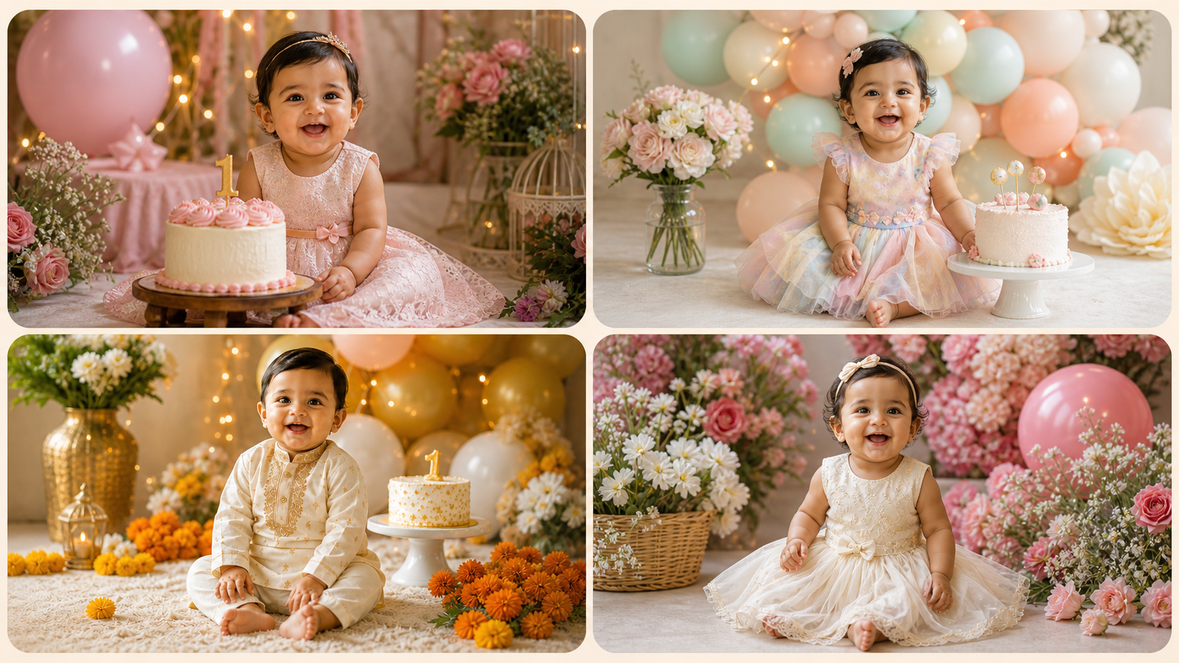 Birthday baby photoshoot collage for Indian families showing cake table, pastel balloons, traditional kurta portrait, and floral backdrop ideas.