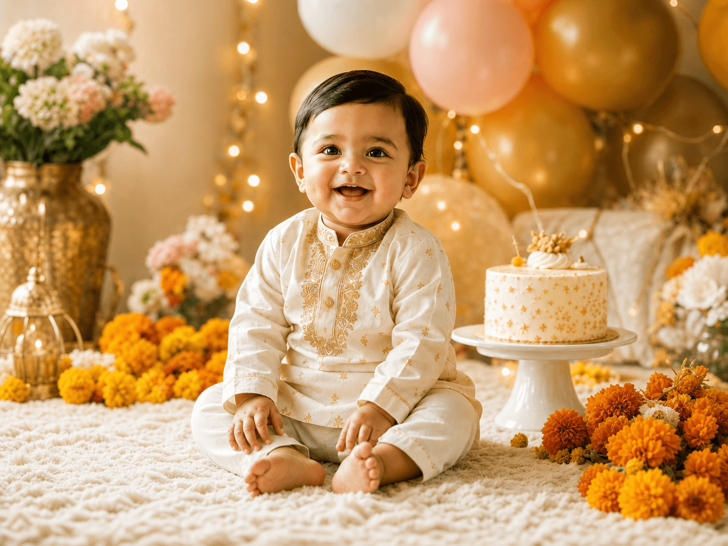 AI baby birthday photoshoot example with an Indian baby in a cream kurta beside pastel balloons and a cake.