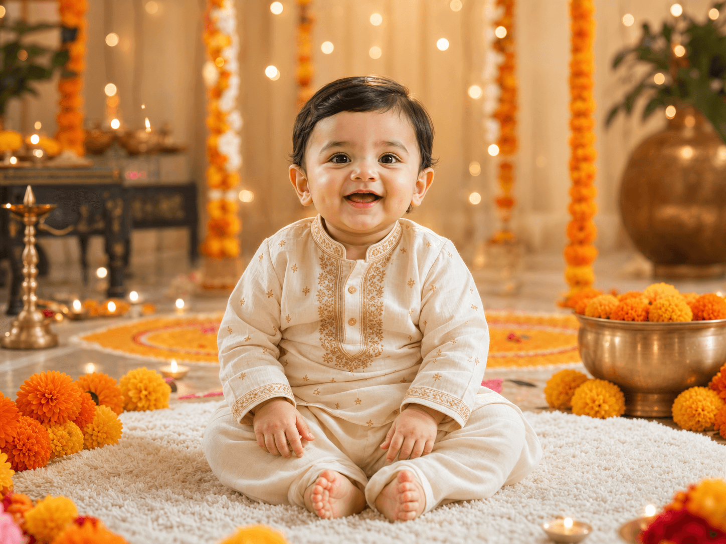 Diwali AI baby portrait example with an Indian baby in traditional clothes, marigolds, rangoli, and warm festive lights.