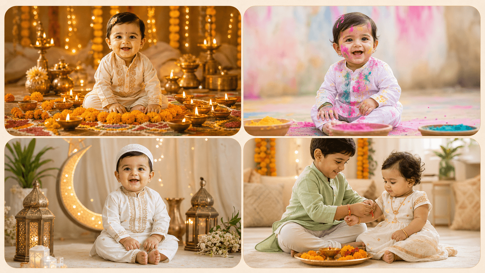 Indian festival AI baby photoshoot collage with Diwali, Holi, Eid, and Raksha Bandhan baby photo themes.