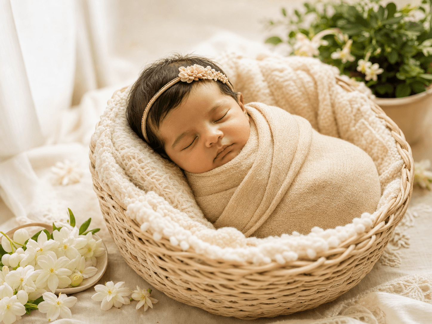 AI newborn baby photoshoot example with a sleeping Indian newborn wrapped in a soft beige swaddle.