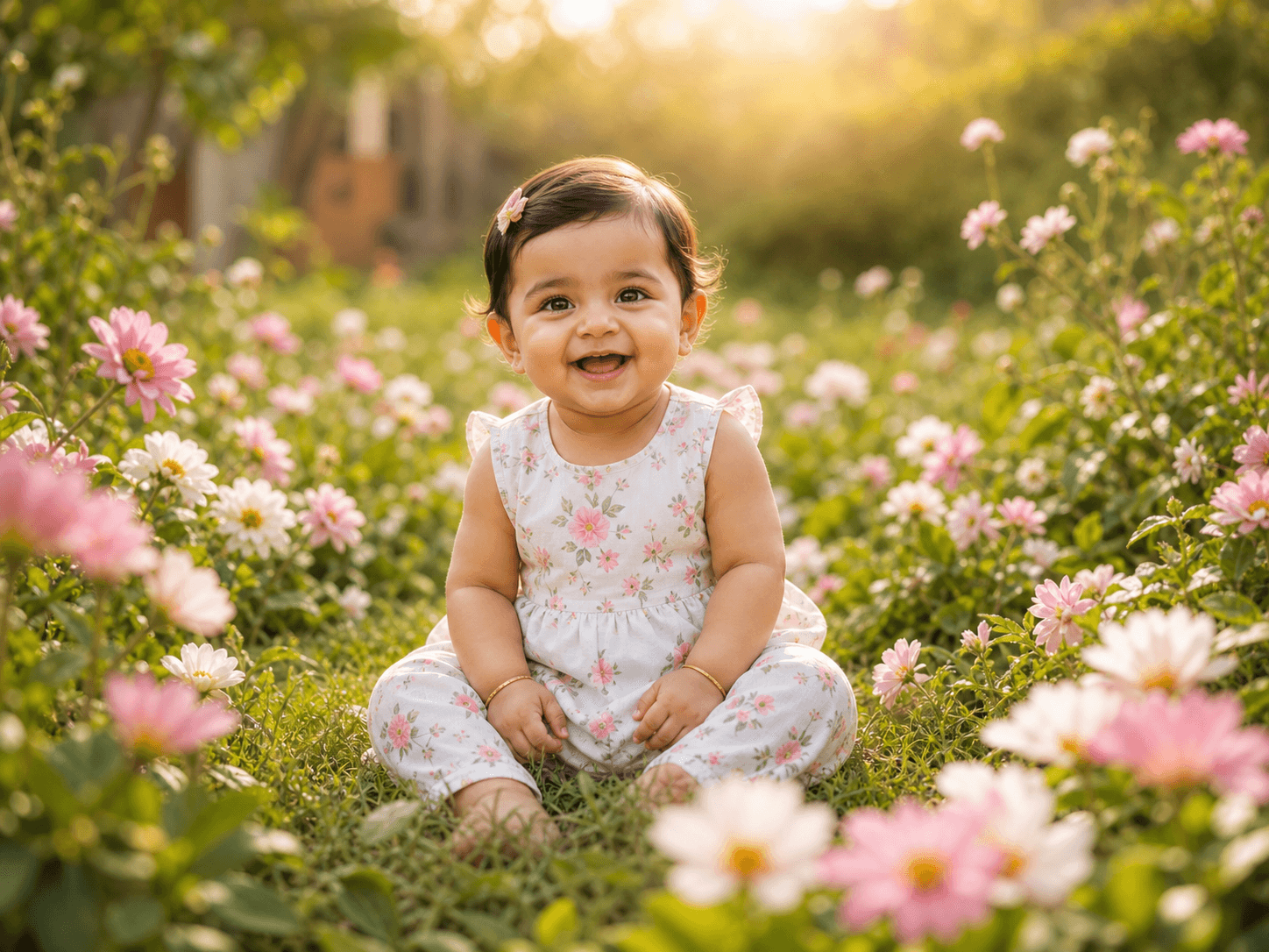 Outdoor AI baby photoshoot example with an Indian toddler sitting in a garden during golden hour.