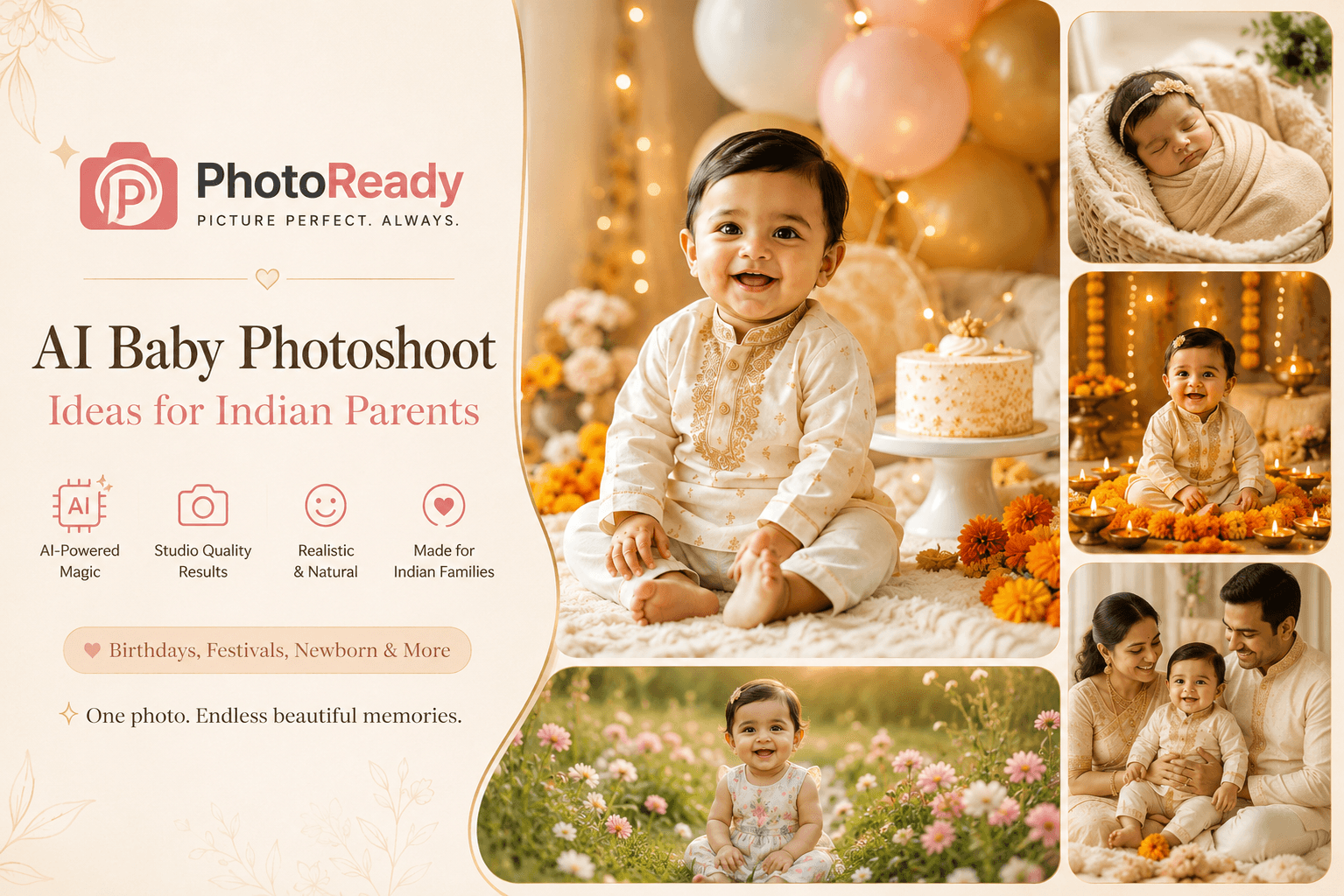 PhotoReady poster for AI baby photoshoot ideas for Indian parents featuring birthday, newborn, festive Diwali, outdoor, and family baby portrait examples.