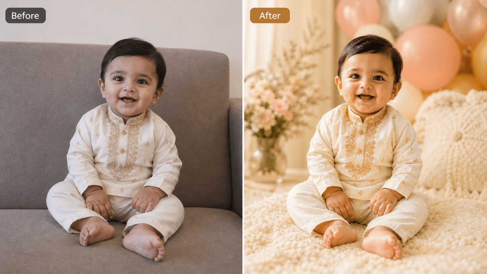 Before and after comparison showing a simple phone baby photo transformed into a realistic AI baby photoshoot.