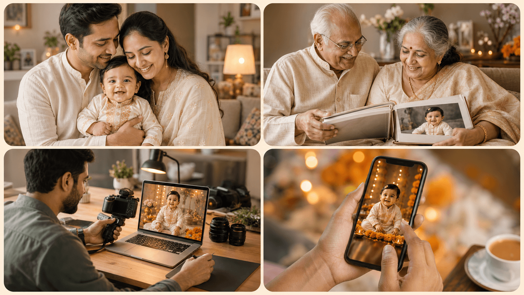 Lifestyle collage showing Indian parents, relatives, studio creators, and social sharing use cases for AI baby photoshoot prompts.
