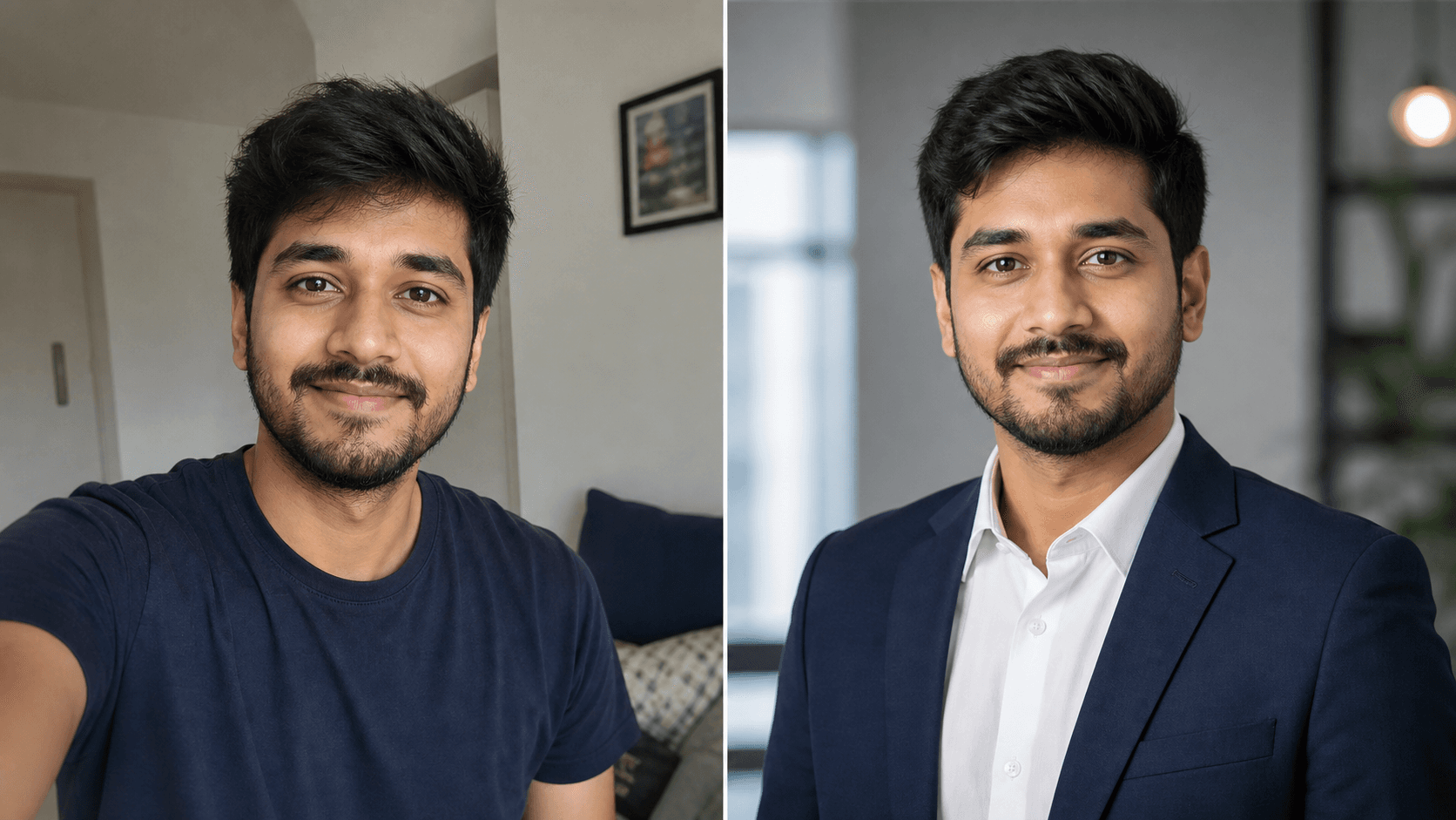Before and after LinkedIn headshot prompt example showing a casual selfie changed into a professional profile photo.