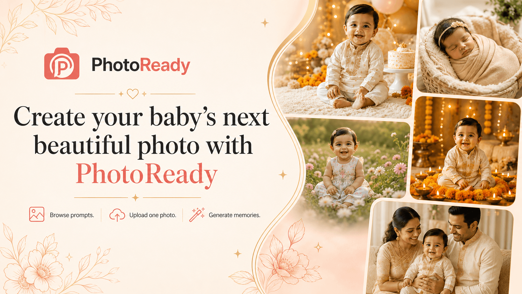 PhotoReady branded banner encouraging Indian parents to create beautiful AI baby photos with prompts and one uploaded photo.