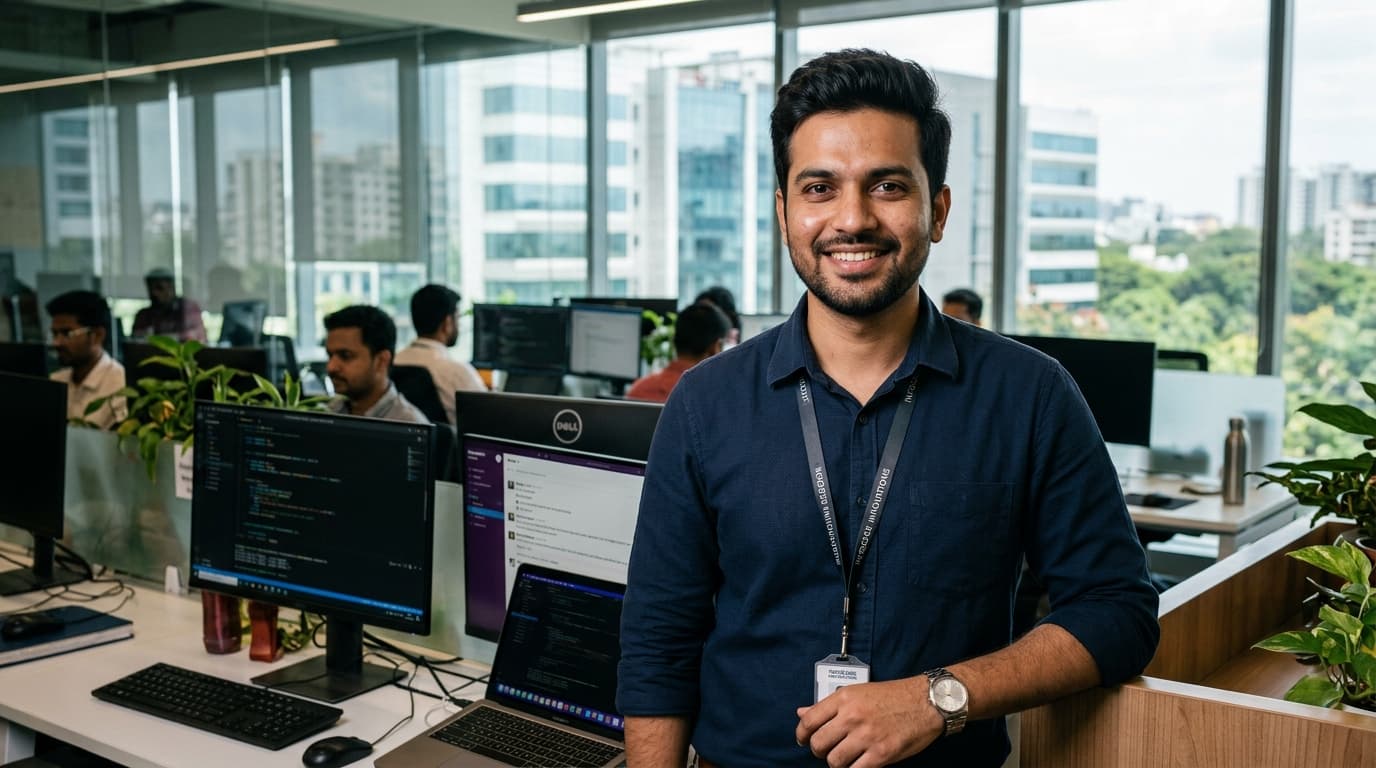 Indian software engineer smiling in a modern Bengaluru tech office with natural window daylight.
