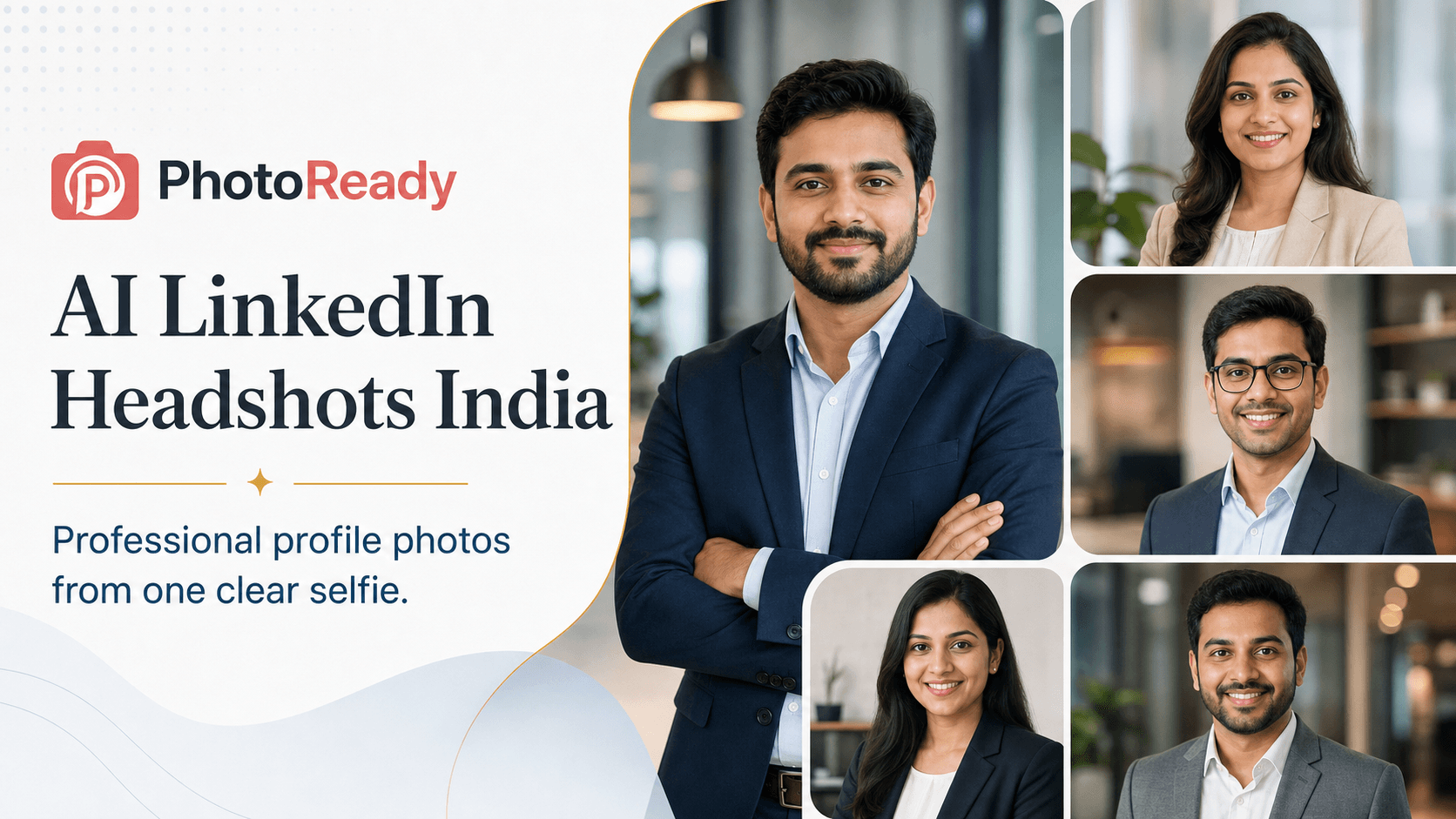 PhotoReady hero poster for AI LinkedIn headshots India showing professional Indian LinkedIn profile photo examples.