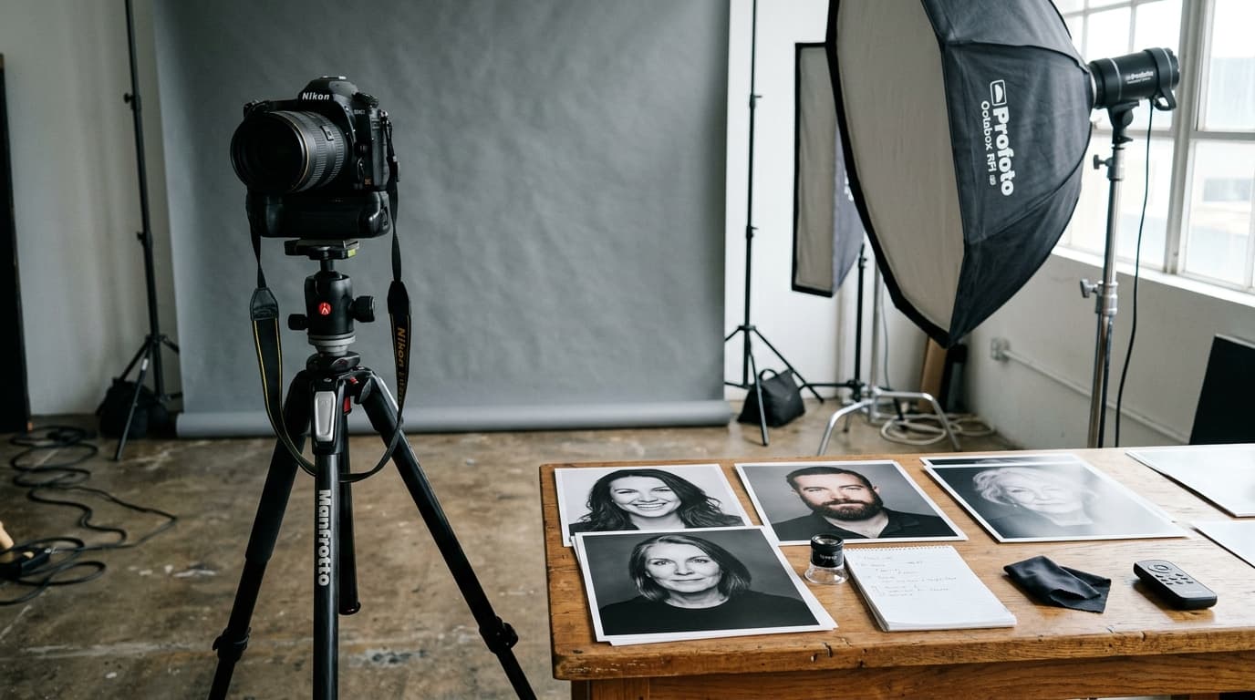 Professional photography studio setup with DSLR camera on tripod, softboxes, and printed headshots on table.