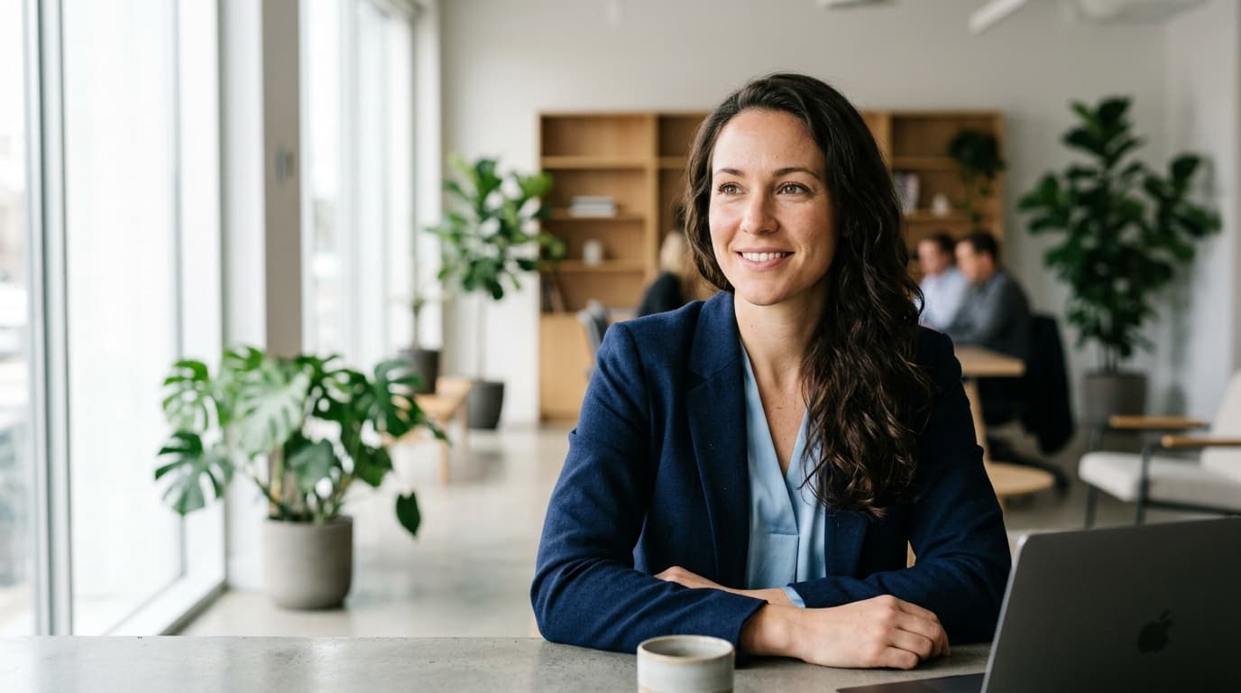 Professional editorial headshot of a business executive sitting in a modern office with natural daylight and tailored navy blazer.