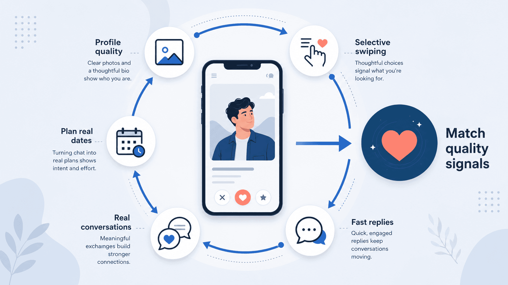 Dating app algorithm match quality signals showing profile quality, selective swiping, fast replies, real conversations, and date planning.
