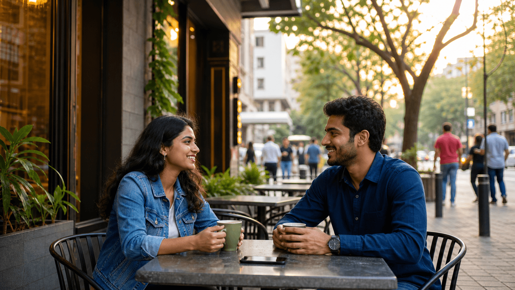 Two Indian daters meeting safely at a public cafe after matching on a dating app.
