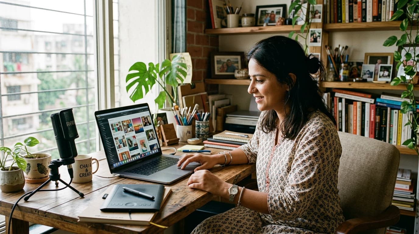 Indian digital creator and designer working in her Mumbai home studio with MacBook and creative workspace.