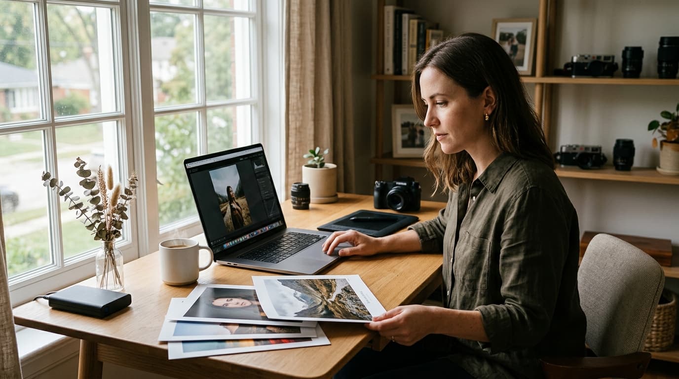Digital photographer and prompt creator reviewing high-resolution photo prints at a sunlit wooden workspace.