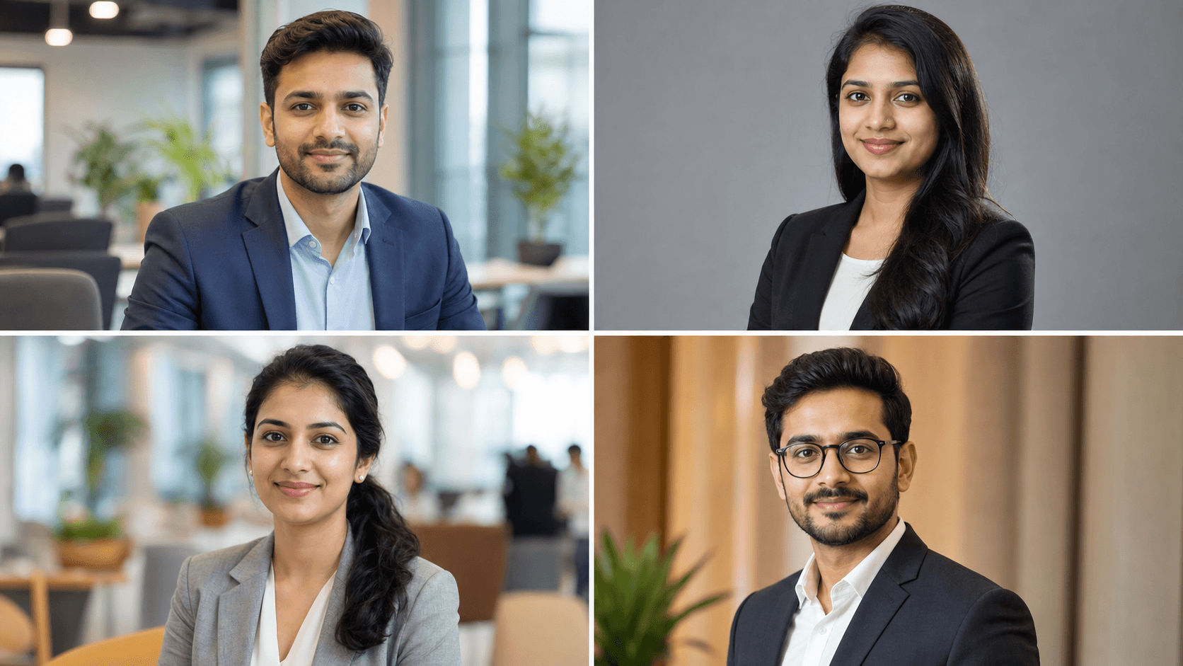 Realistic AI LinkedIn headshot examples for Indian professionals across corporate, tech, founder, and student styles.