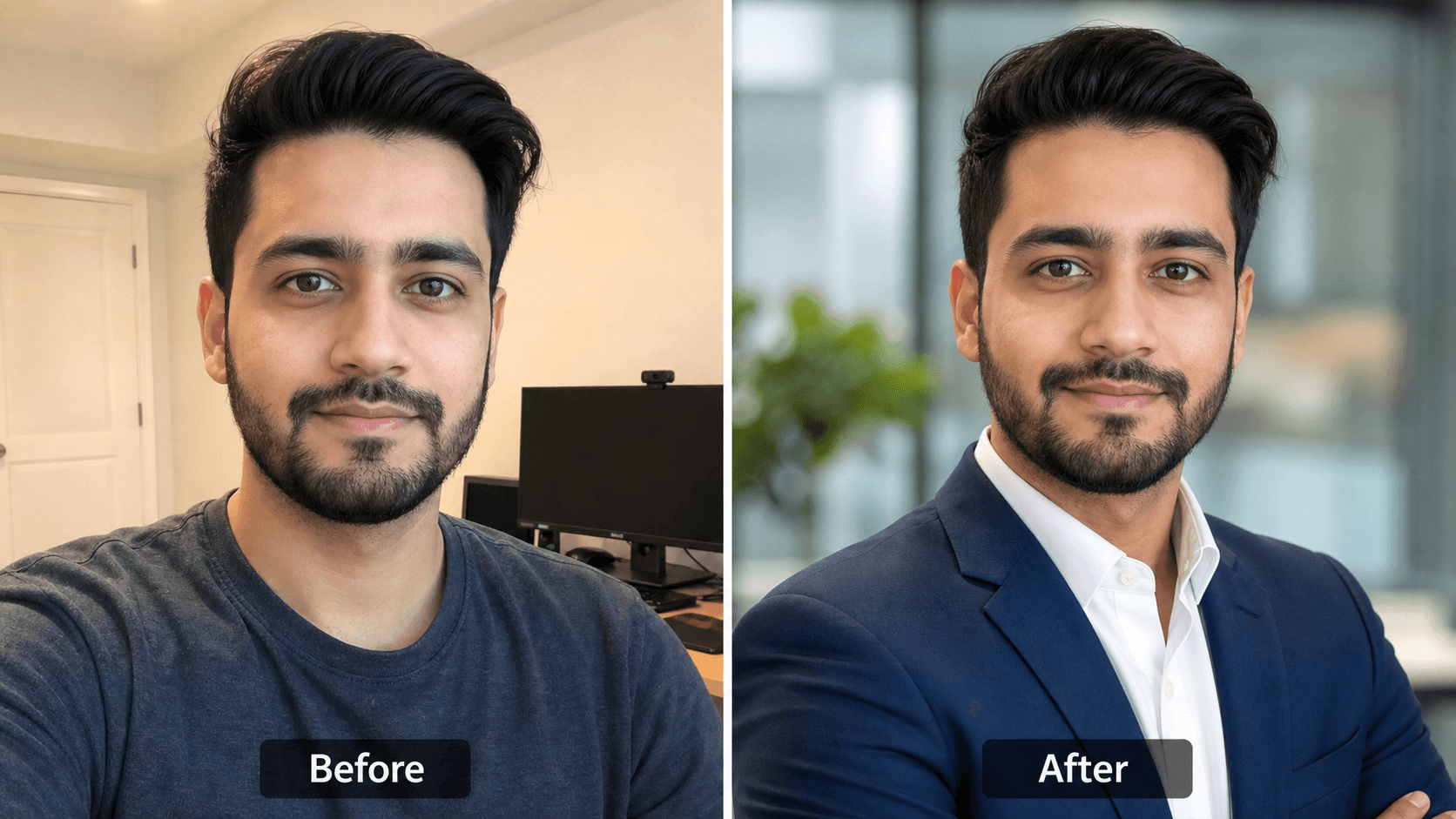 Before and after AI LinkedIn headshot example showing a casual selfie transformed into a professional profile photo.
