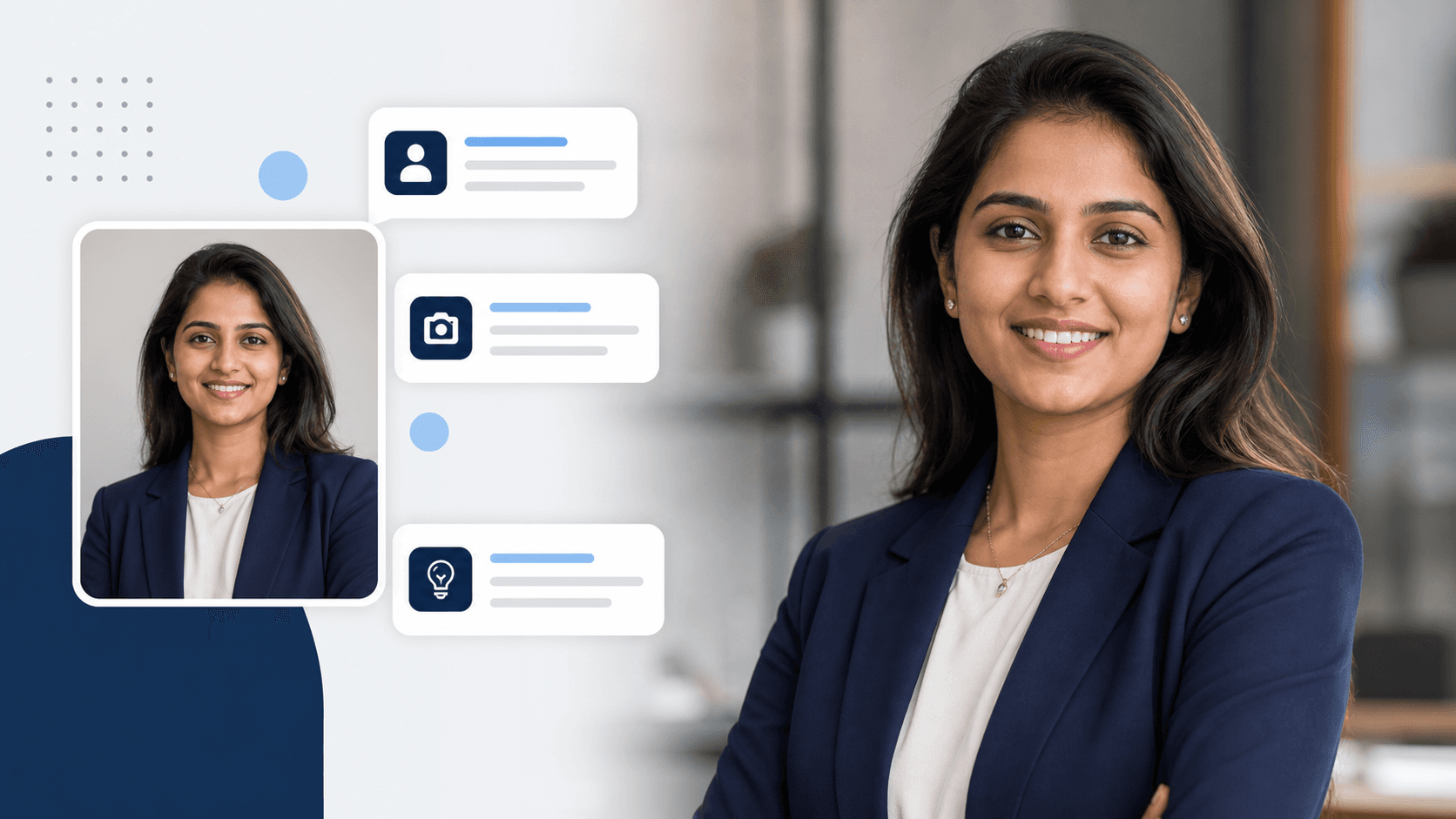 Professional LinkedIn headshot prompt for women showing an Indian woman in a navy blazer with natural skin texture and prompt cards.