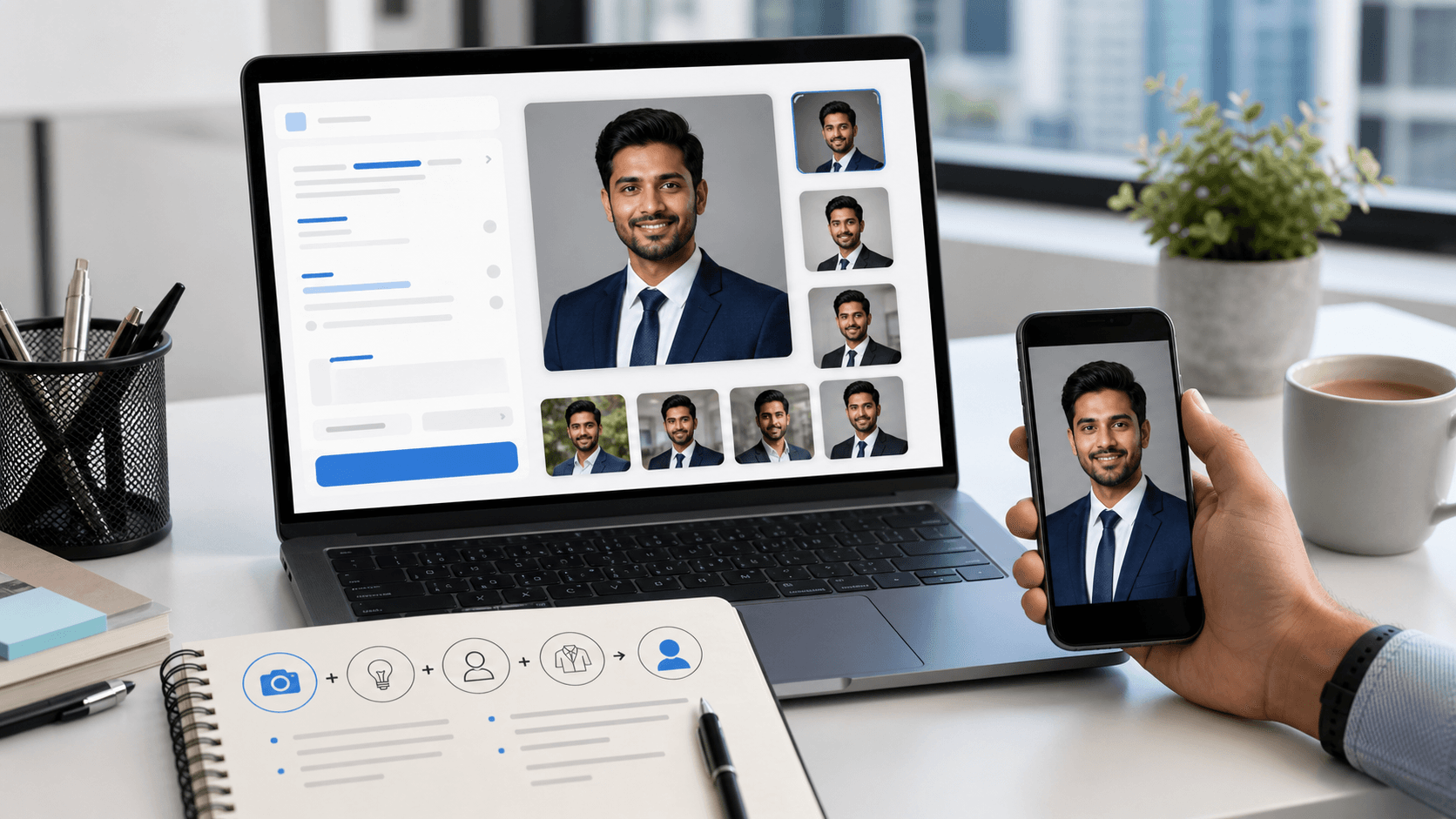 LinkedIn headshot prompt guide showing an AI professional headshot workflow for Indian professionals using prompt cards and profile photo previews.