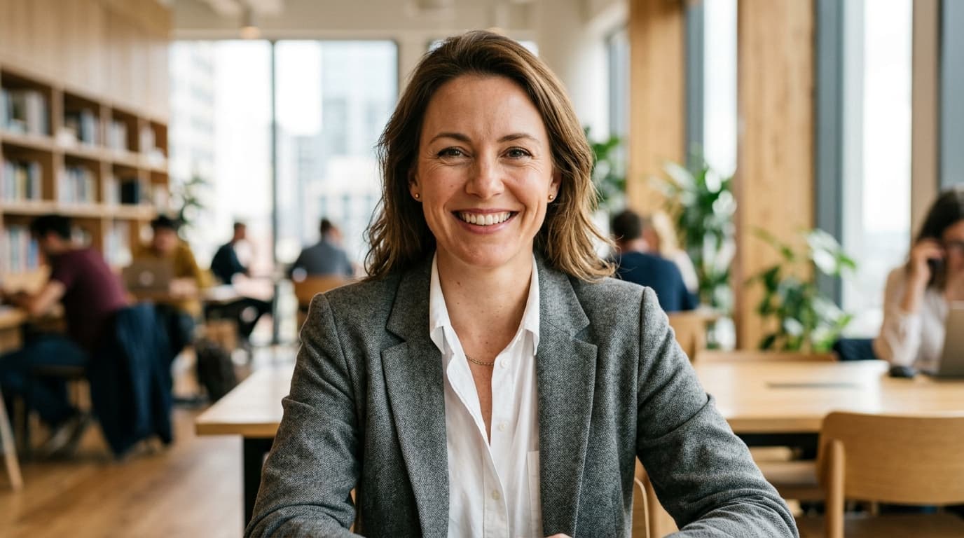 Authentic corporate portrait of a businesswoman smiling in a modern co-working office with soft depth of field.