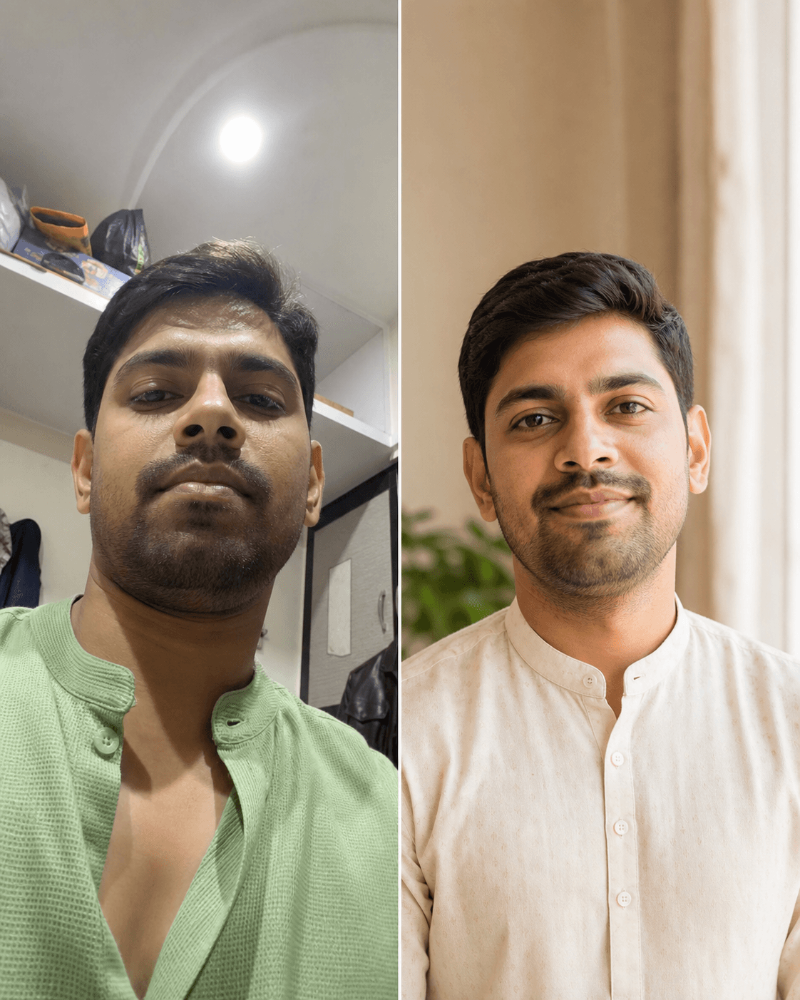 Good versus bad marriage biodata profile pic example showing better light, angle and background