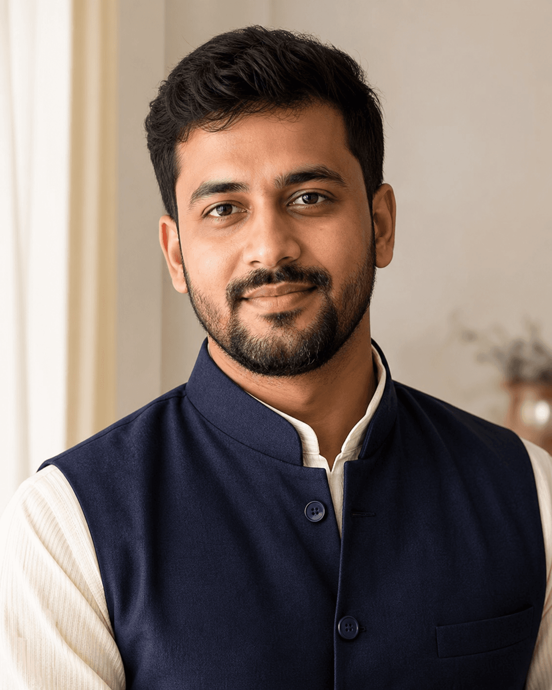 Example marriage biodata profile pic for an Indian man in a kurta and Nehru jacket