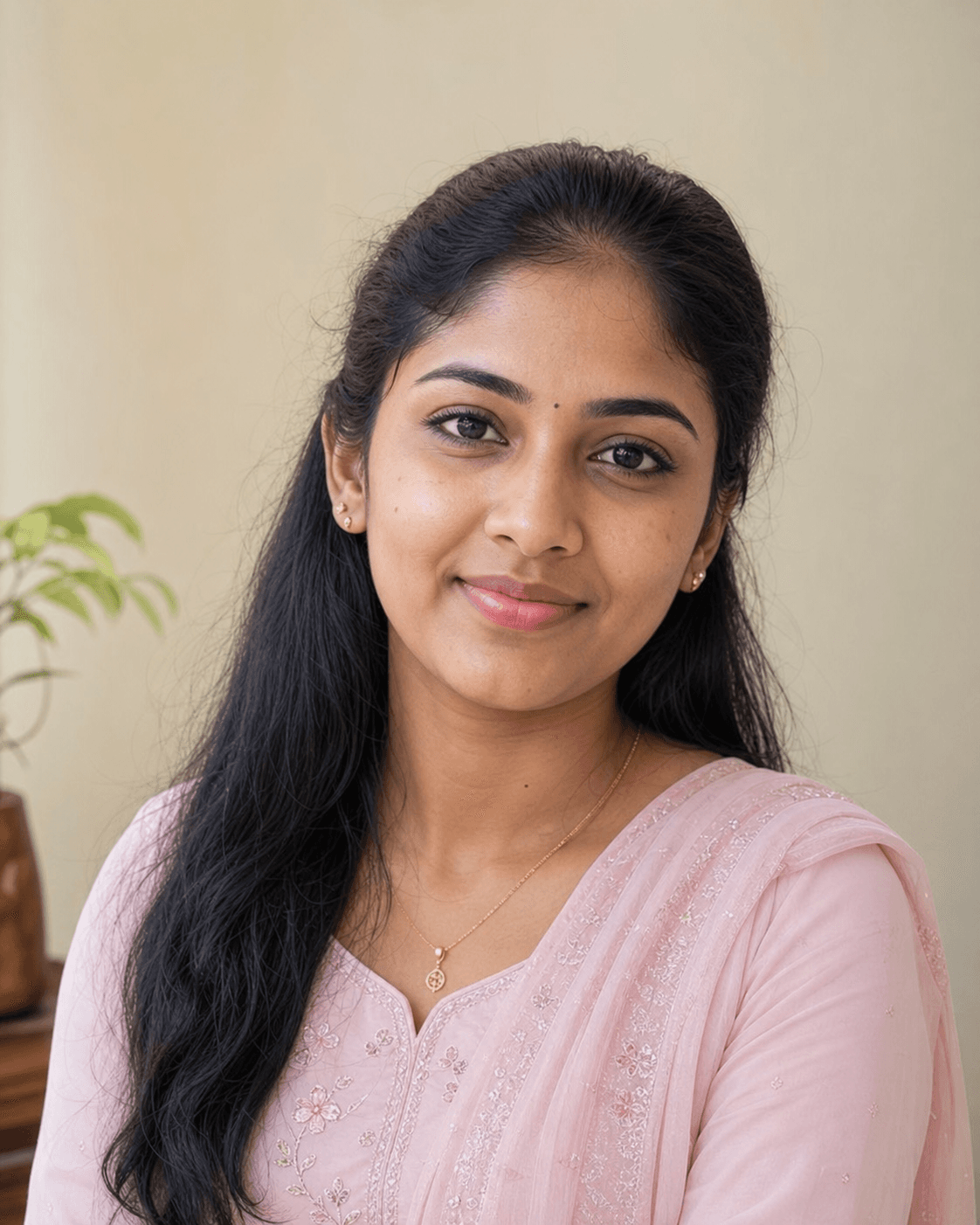 Example marriage biodata profile pic for an Indian woman in a pastel traditional outfit