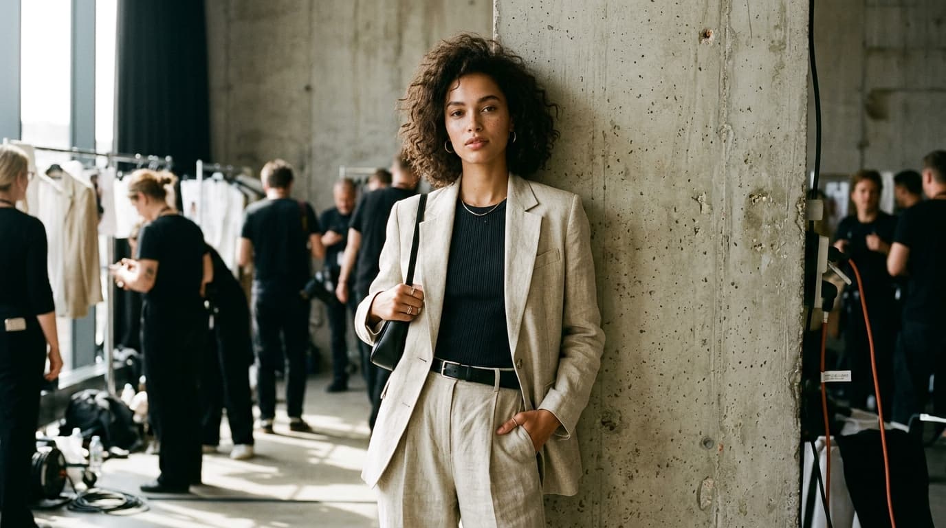 Fashion model posing naturally backstage in a tailored linen suit with natural daylight against concrete wall.