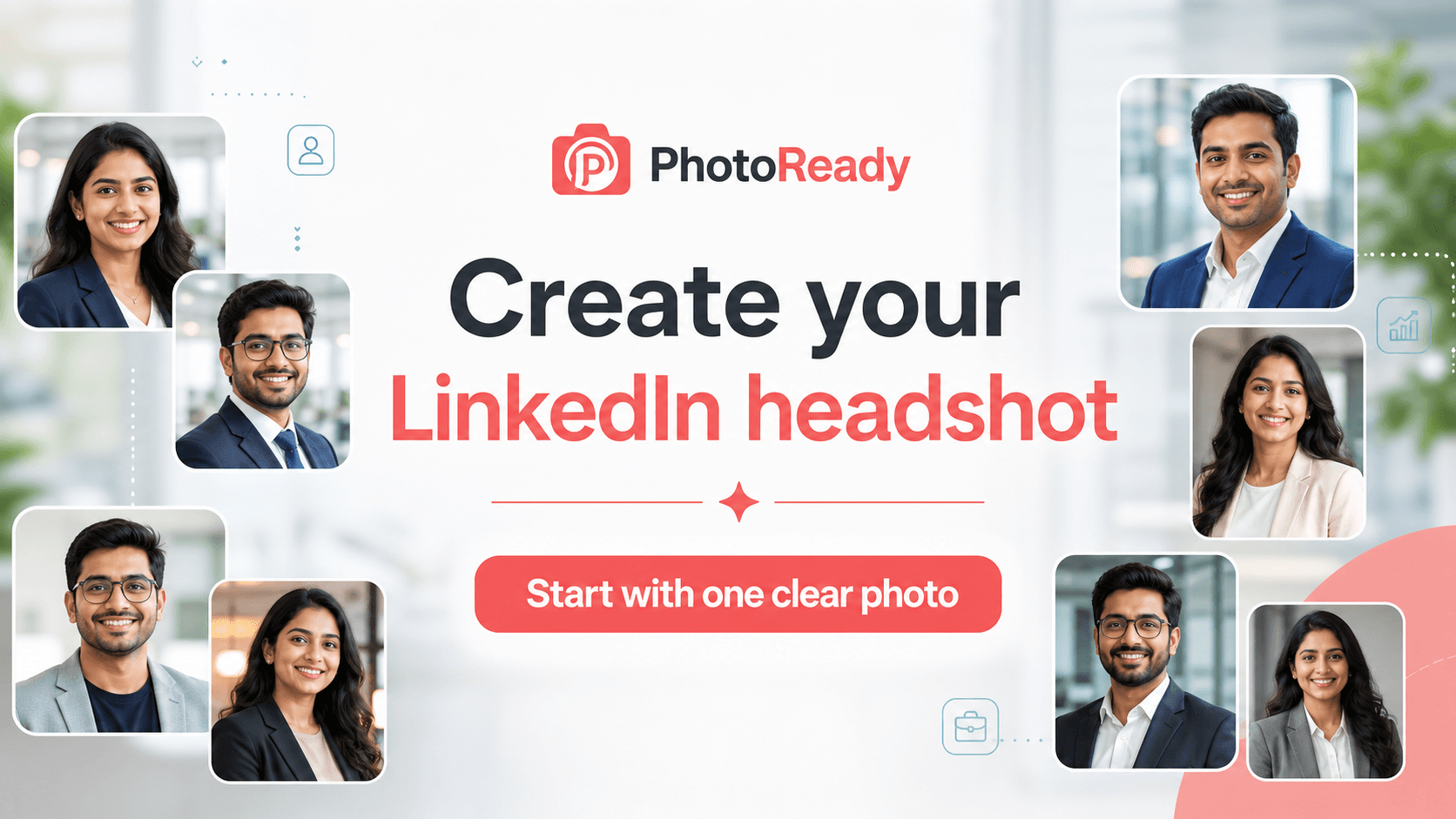 PhotoReady LinkedIn headshot generator workflow with professional AI profile photo style cards.