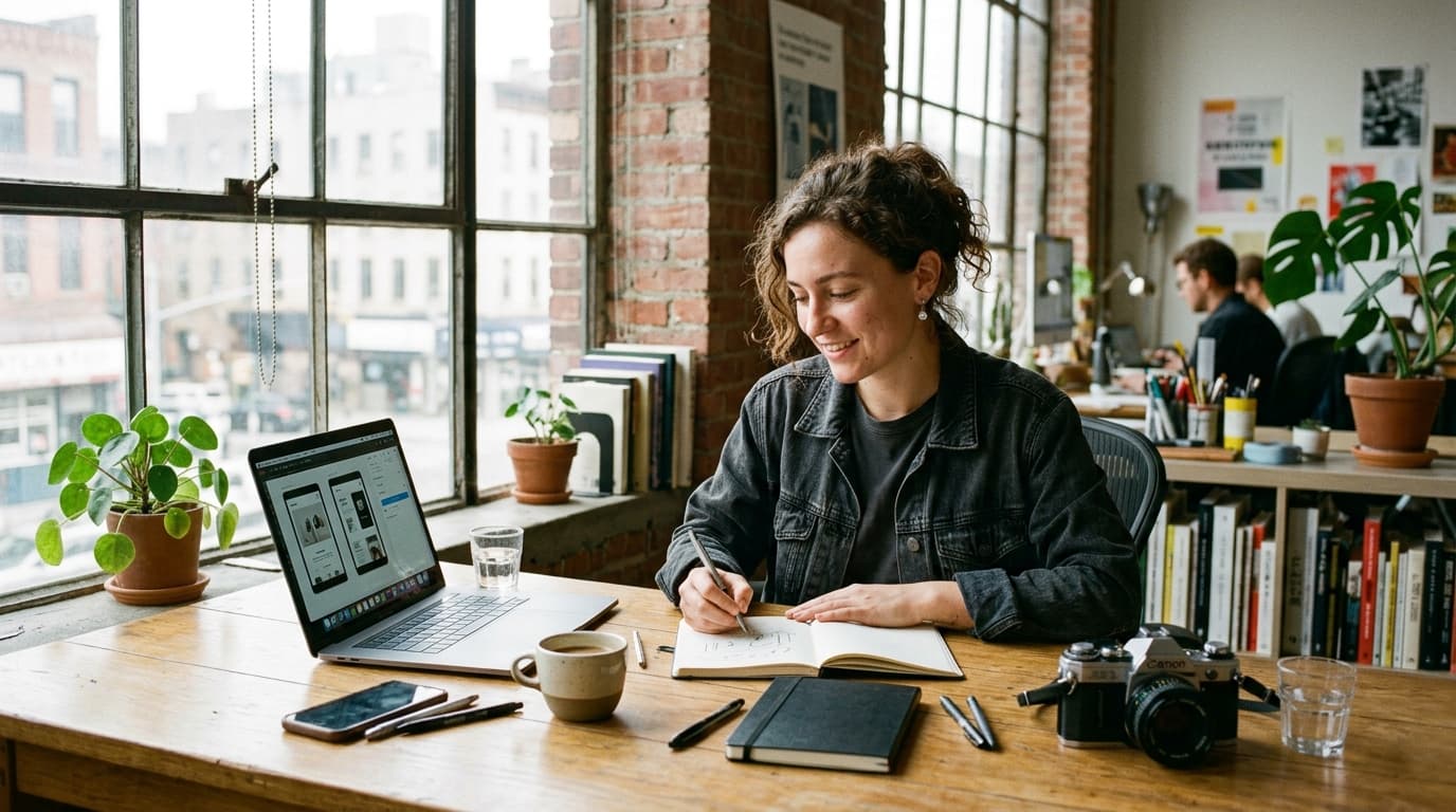 Digital artist working in a creative loft studio sketching and reviewing camera gear by the window.
