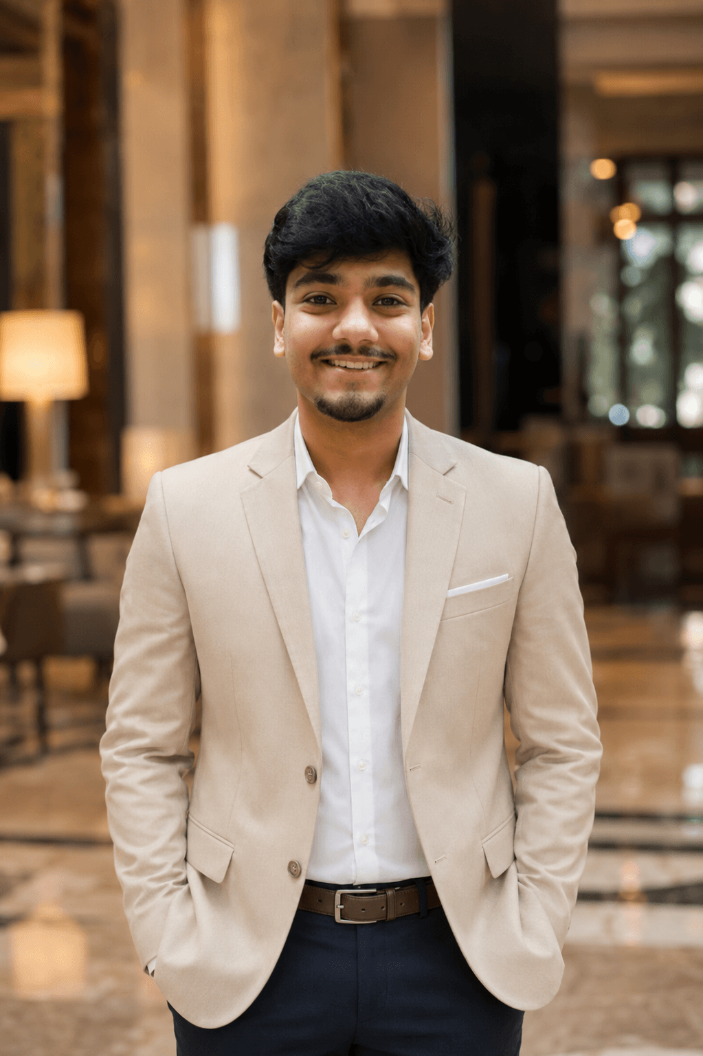 Premium Beige Blazer portrait for marriage or linkedin AI photo prompt example on PhotoReady
