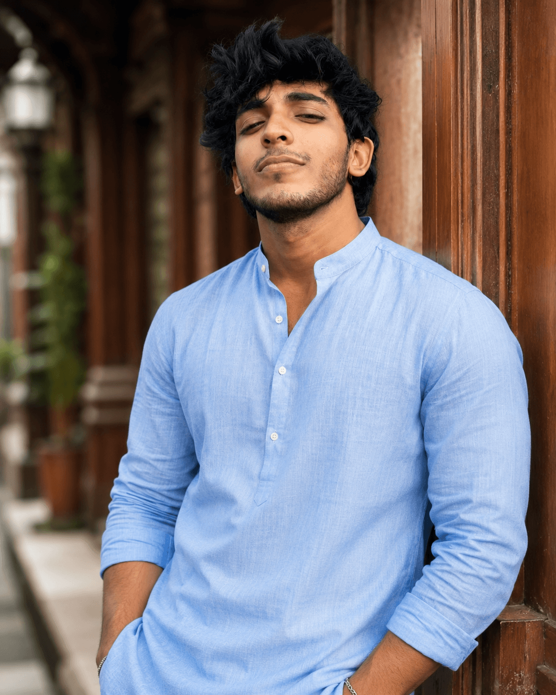 Sky Blue coour kurta portrait for marriage biodata AI photo prompt example on PhotoReady