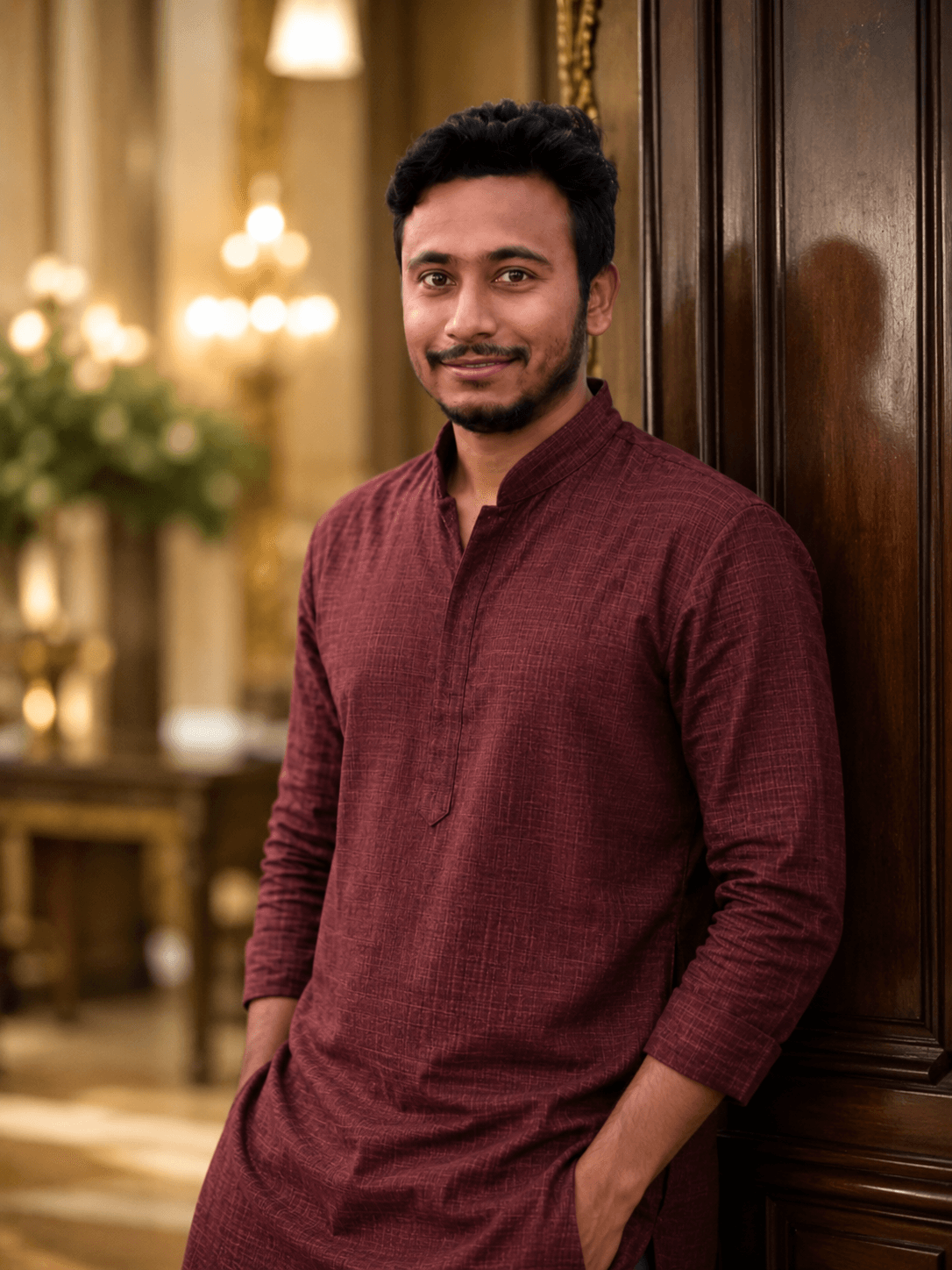 Maroon Kurta portrait AI photo prompt example on PhotoReady