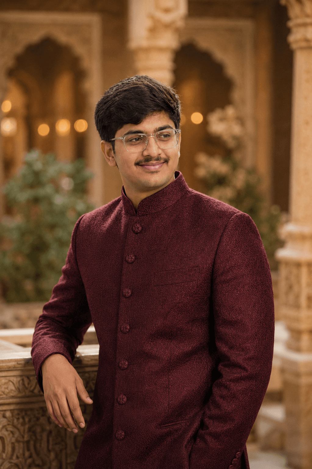 Maroon Sherwani Headshot for wedding AI photo prompt example on PhotoReady