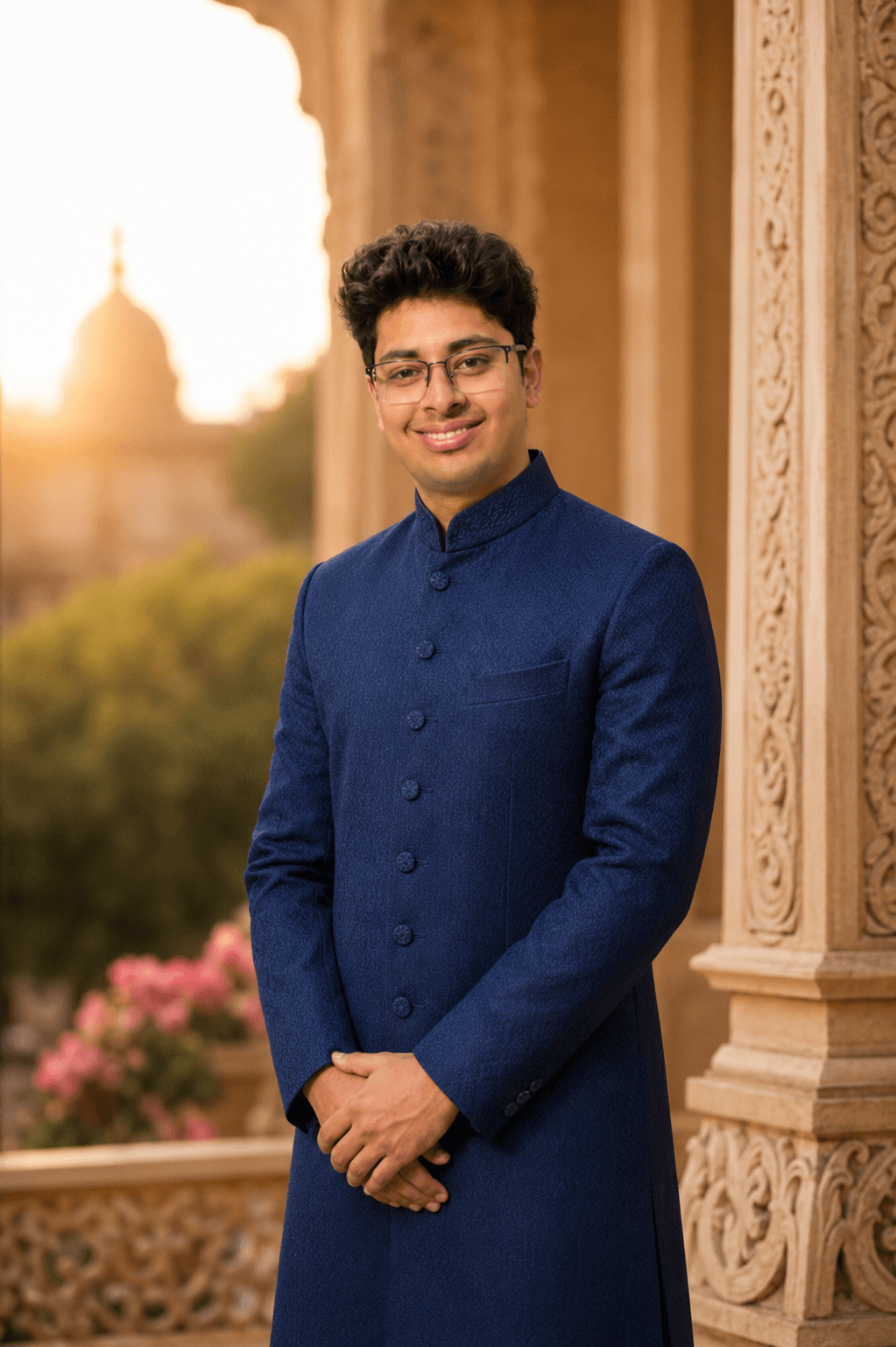 Royal Blue Sherwani headshot for wedding and marriage biodata AI photo prompt example on PhotoReady