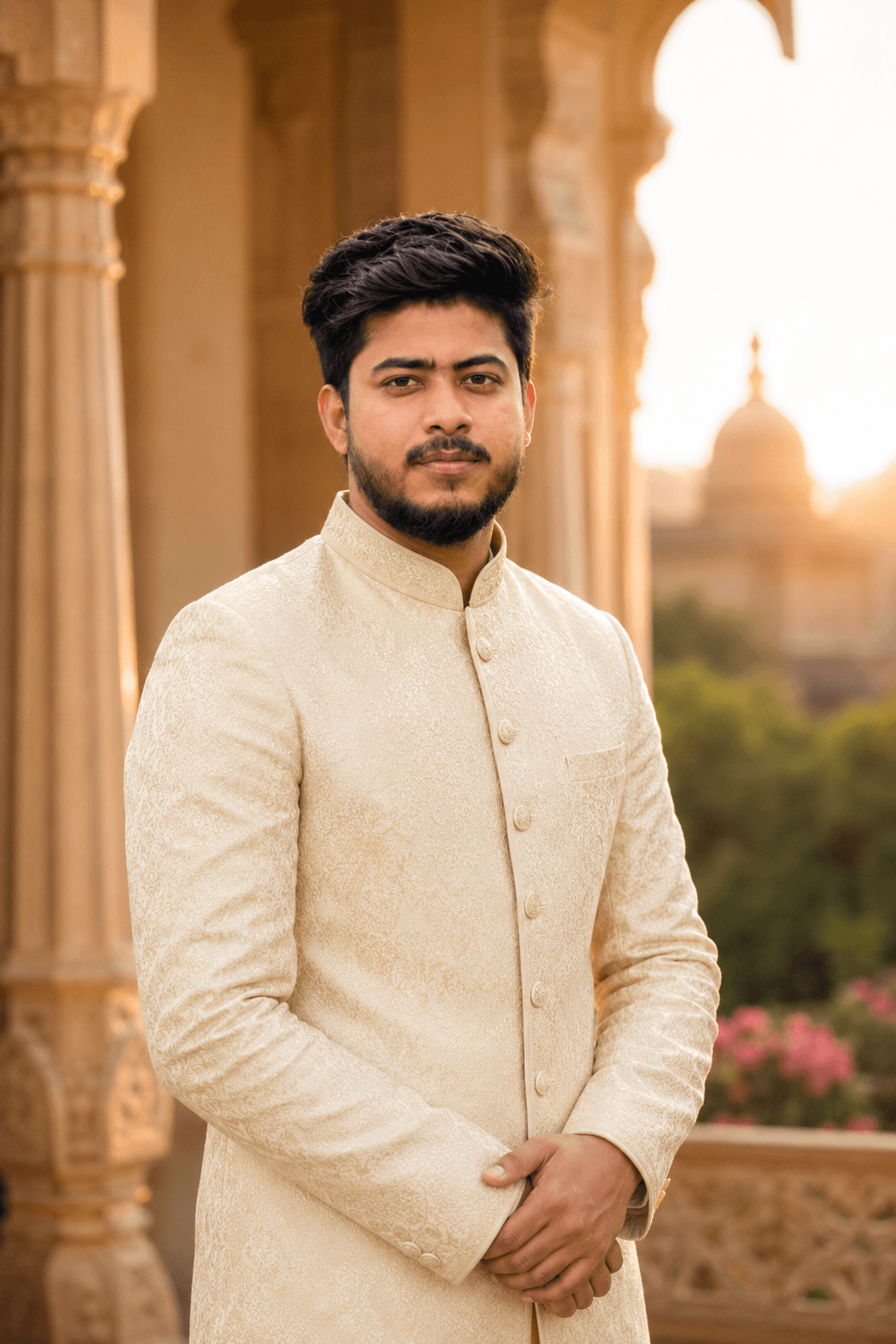 luxury beige sherwani AI photo prompt example on PhotoReady