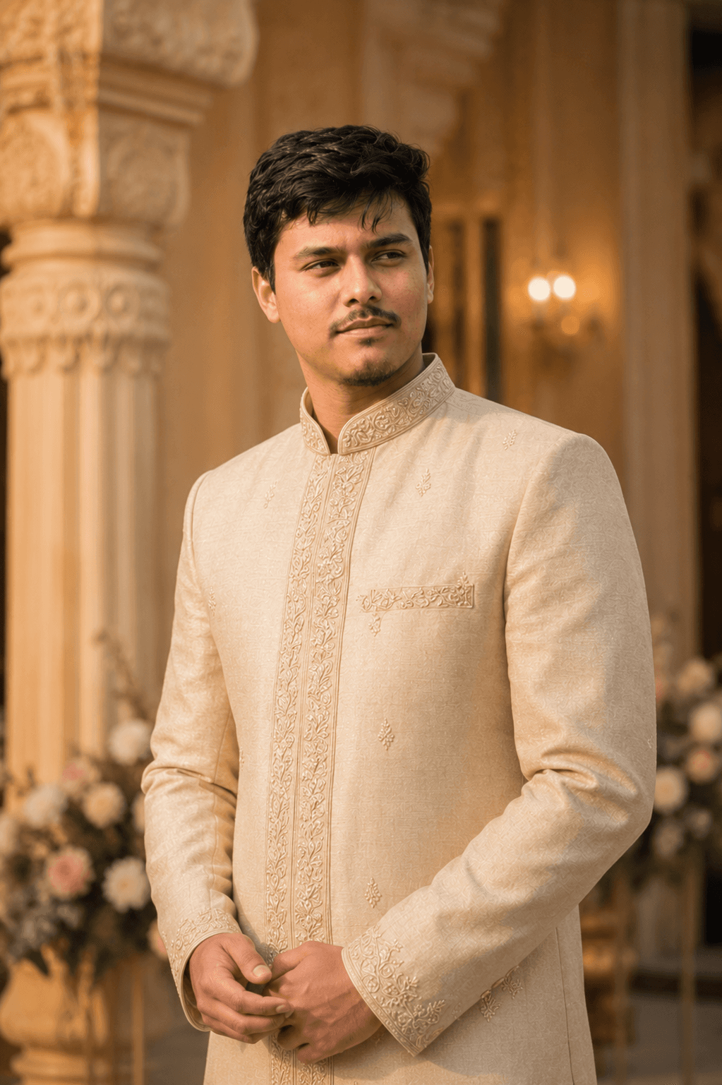 premium cream-gold silk sherwani headshot AI photo prompt example on PhotoReady