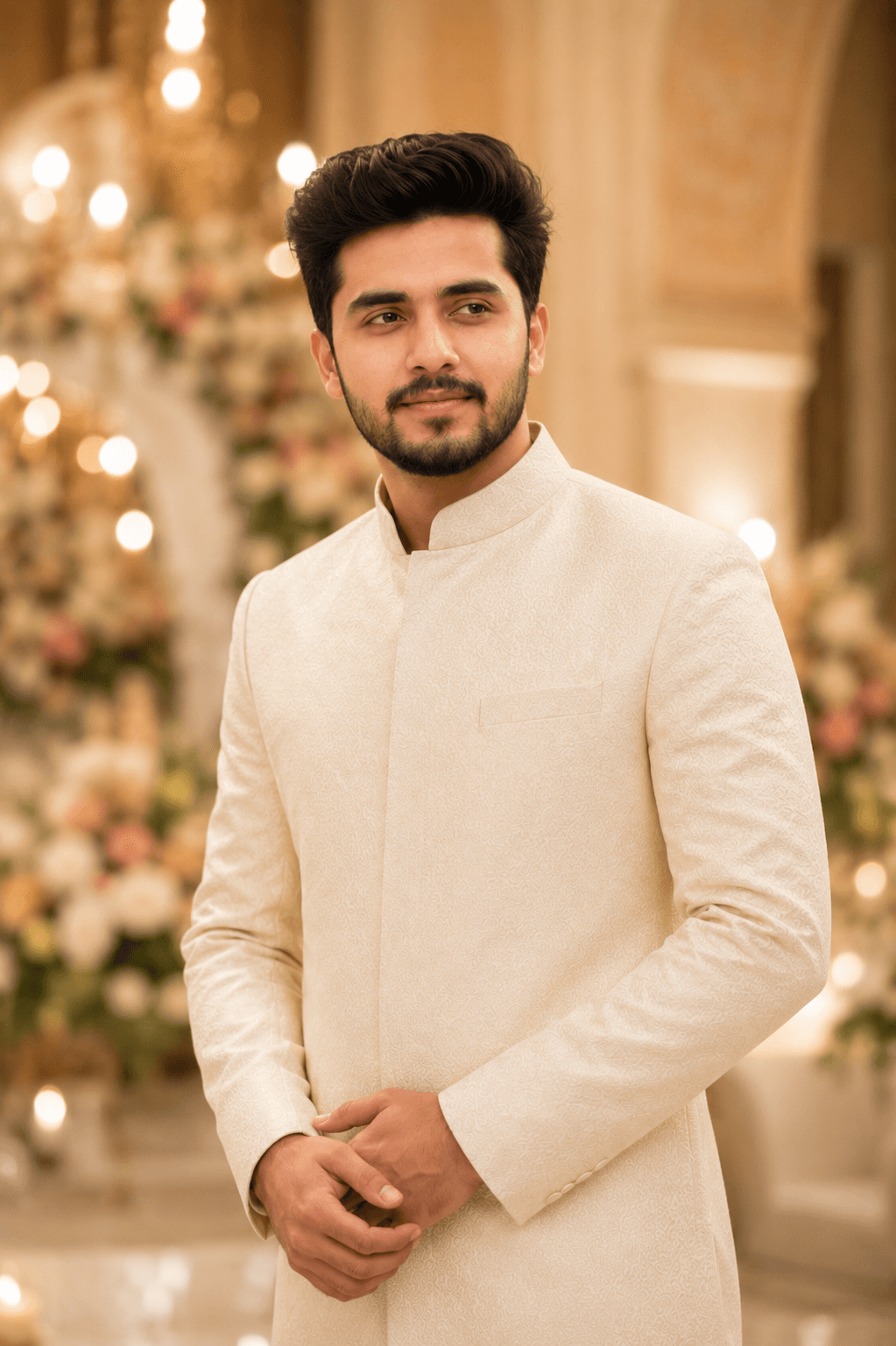 luxury ivory sherwani headshot for marriage AI photo prompt example on PhotoReady