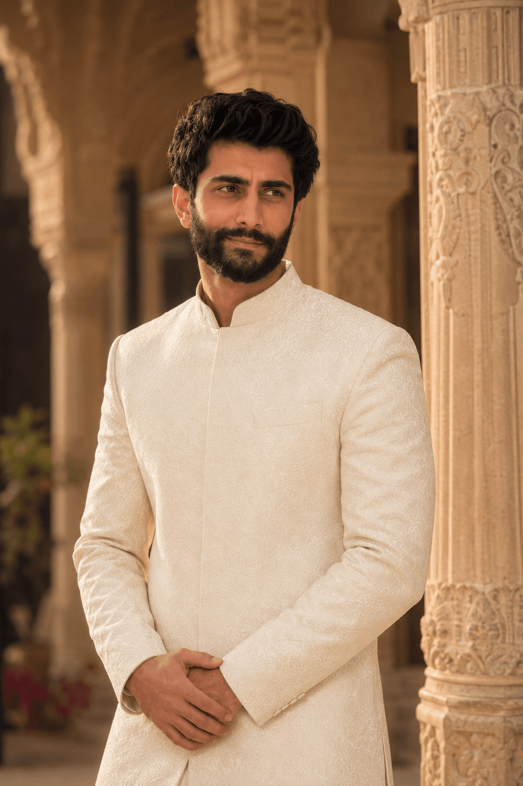 luxury ivory sherwani headshot AI photo prompt example on PhotoReady