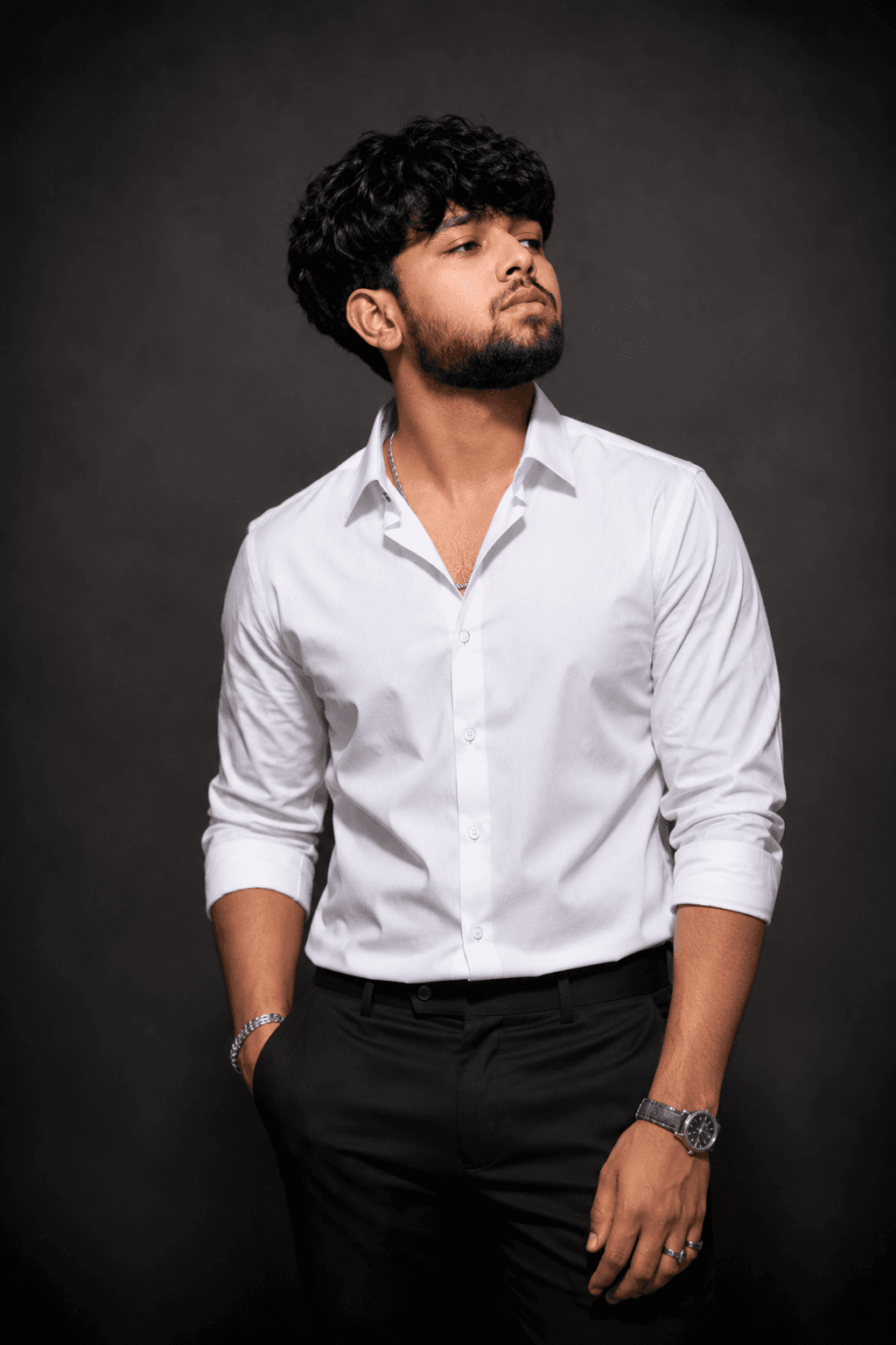white shirt grey background headshot AI photo prompt example on PhotoReady
