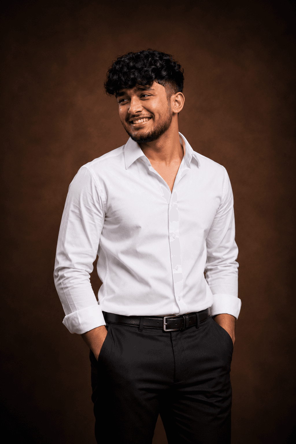 Warm Brown Backgroung earing white shirt headshot AI photo prompt example on PhotoReady