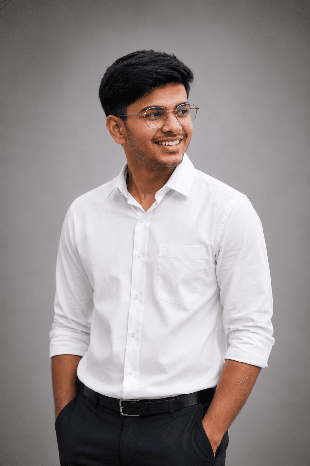Light grey background with white shirt AI photo prompt example on PhotoReady