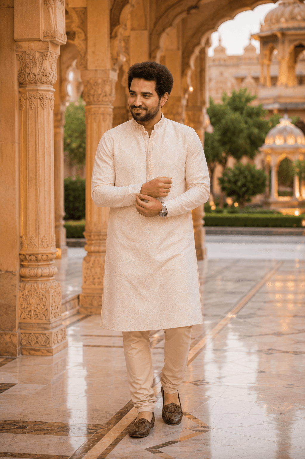 Luxury ivory embroidered kurta paired with beige churidar headshot AI photo prompt example on PhotoReady
