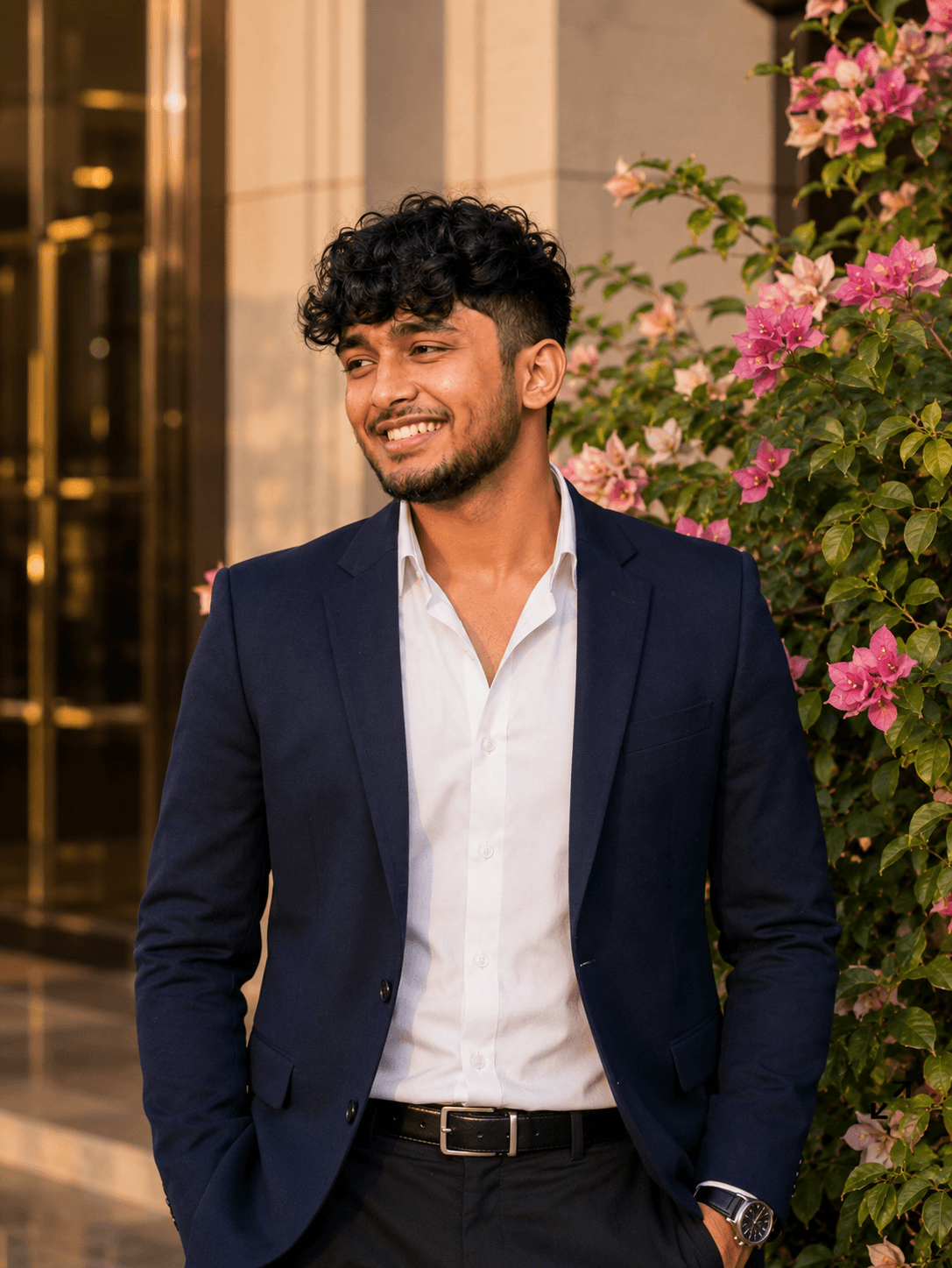 Blue Blazer headshot infront of luxury hotel gate AI photo prompt example on PhotoReady