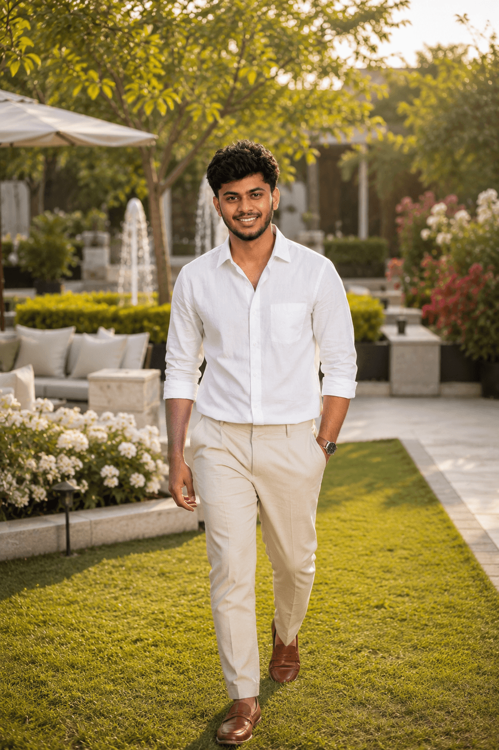 Garden headshot with white shirt AI photo prompt example on PhotoReady
