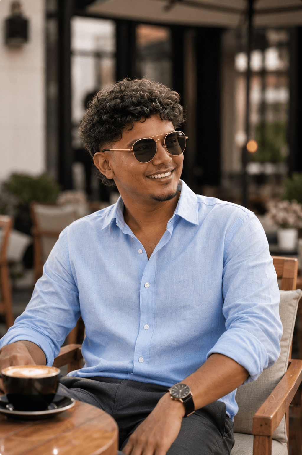 Sittting Headshot with Sky blue shirt AI photo prompt example on PhotoReady