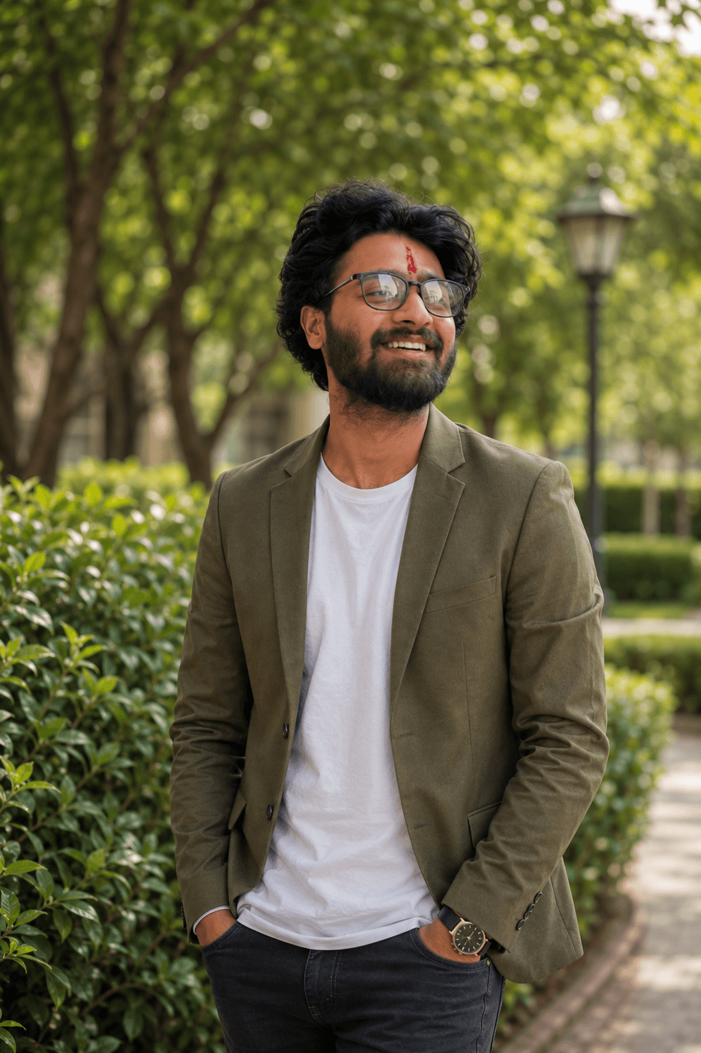 Green Park Walkway Headshot with glasses AI photo prompt example on PhotoReady