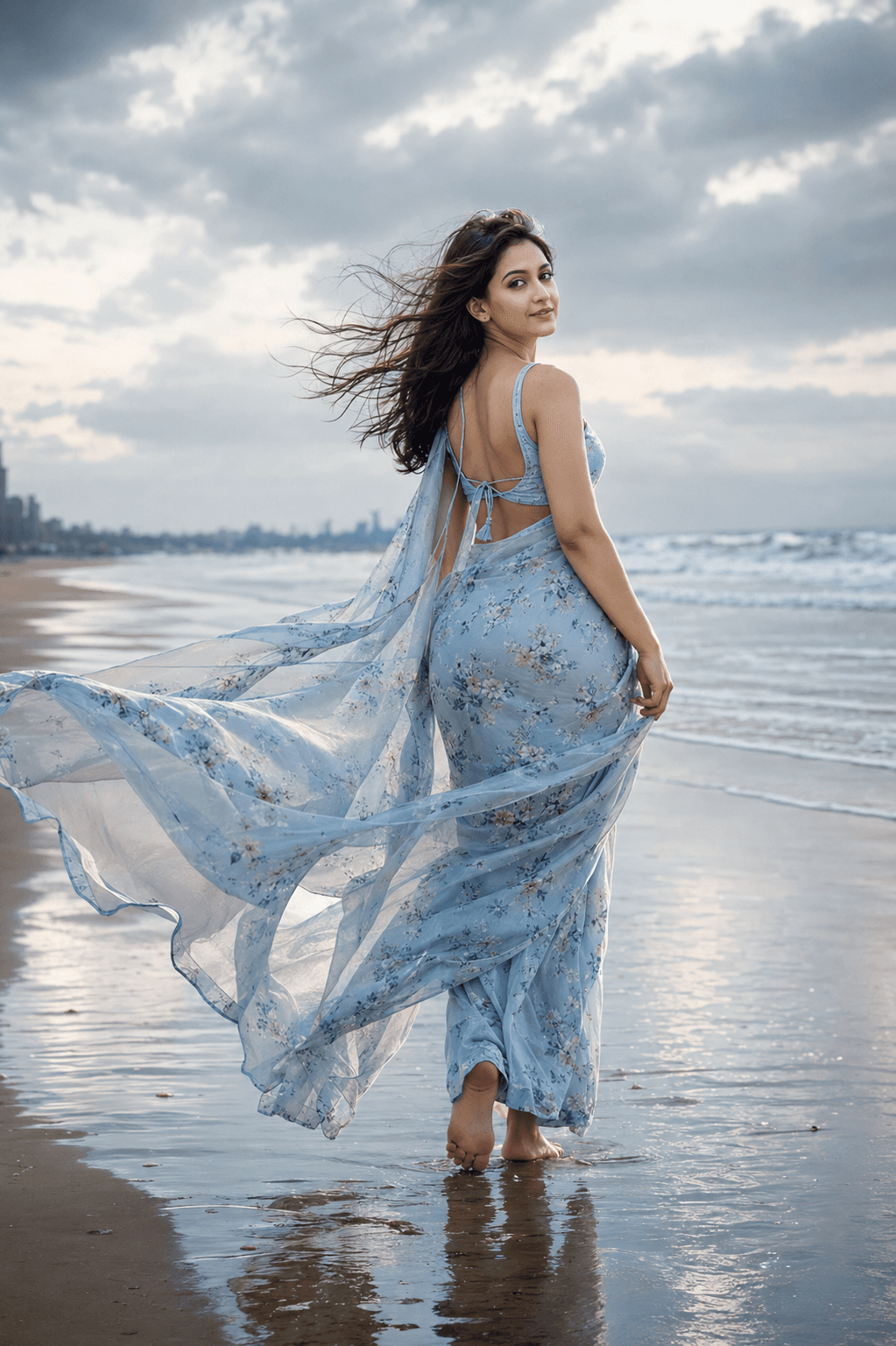 Monsoon Saree Beach Portrait AI photo prompt example on PhotoReady