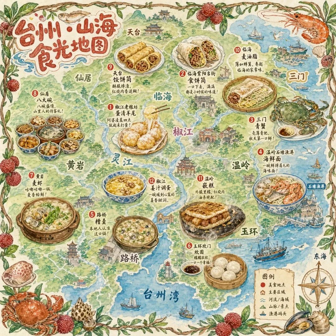 Taizhou Hand-Drawn Culinary Travel Map Infographic AI photo prompt example on PhotoReady