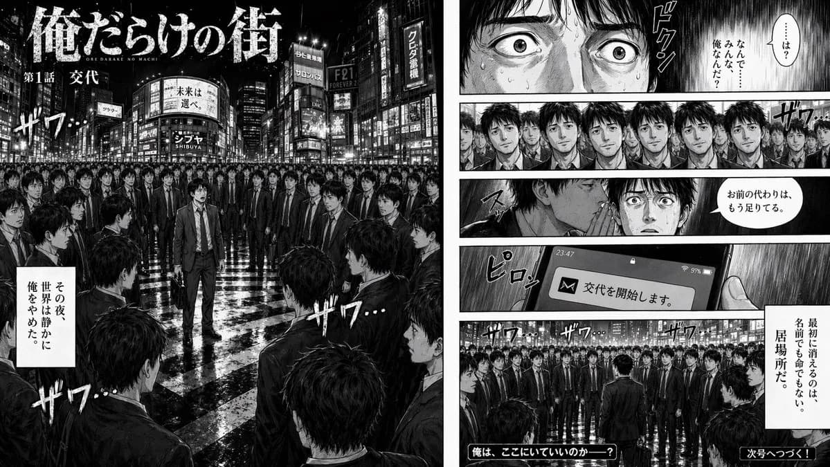 Psychological Thriller Clone Manga Two-Page Spread AI photo prompt example on PhotoReady